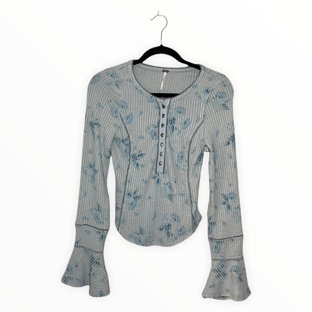 Free People Gray Blue Long Bell Sleeve Button Top Size XS